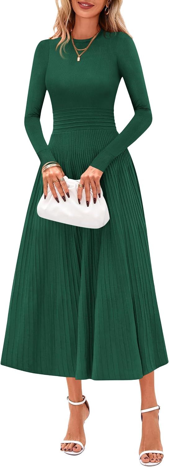 PRETTYGARDEN Women's Long Sleeve Knit Maxi Sweater Dress | Soft Pleated, Slim Fit A Line, Elegant Fall Wedding Guest Cocktail Holiday Parties Church Long Dresses, 2026 Winter Clothes