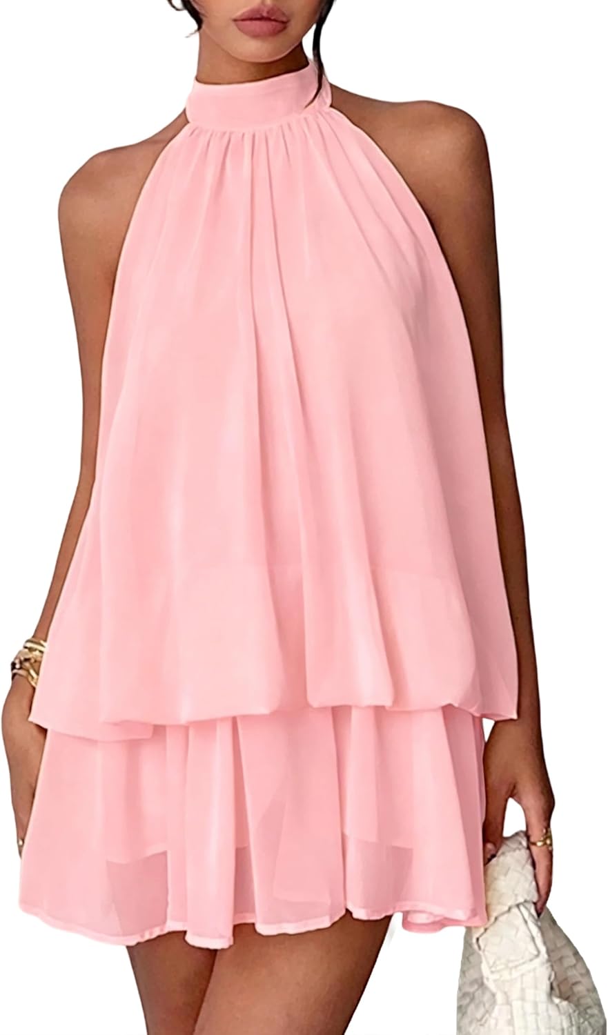 Chiffon Dresses for Women Sexy Halter Backless Drop Waist Mini Dress | Ruffle Open Back Wedding Guest Dresses Bubble Night Out Cocktail Dress Beach Vacation Birthday Party
