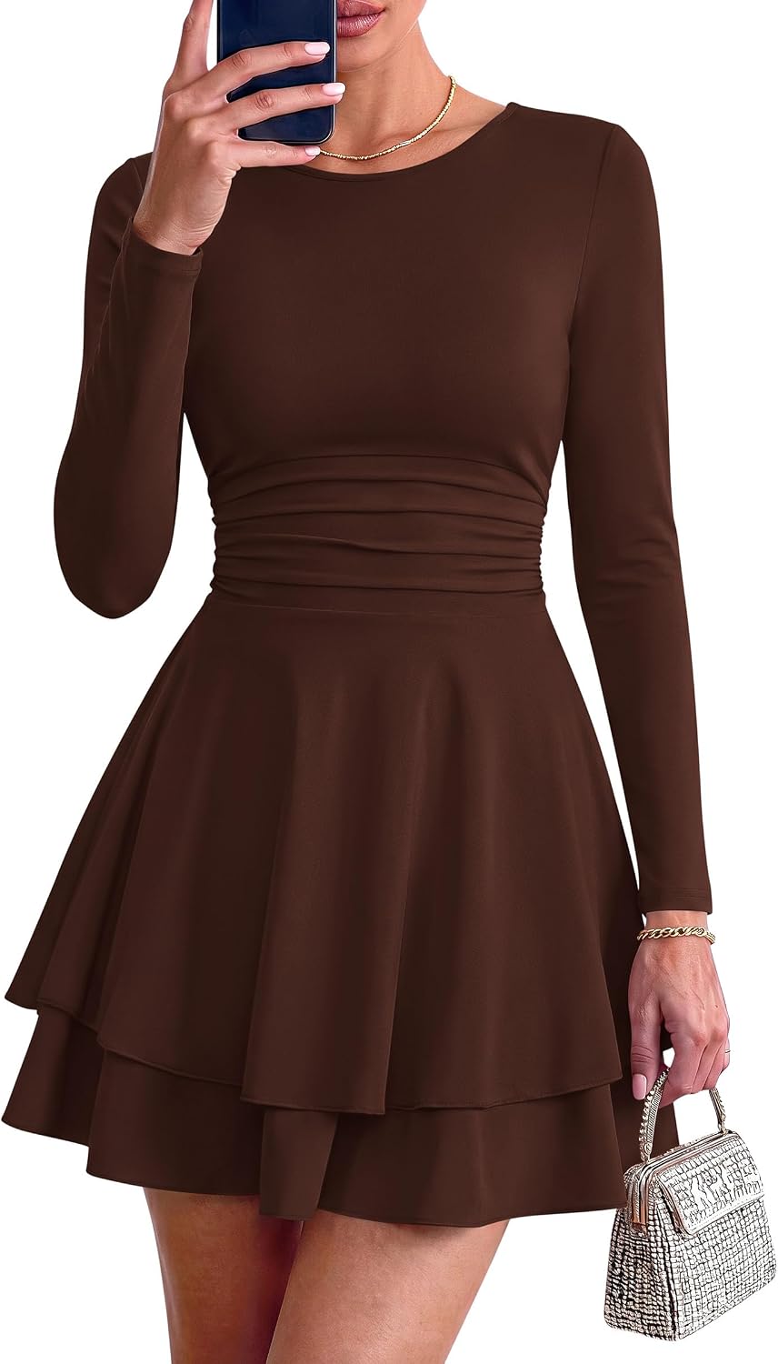PRETTYGARDEN Womens Fit and Flare Crewneck Long Sleeve Mini Dress | Ruched Waist,Tiered Ruffle Hem,Flowy Short Sundress,Party Cocktail Homecoming Dresses,Date Night Semi Formal Cruise Outfits