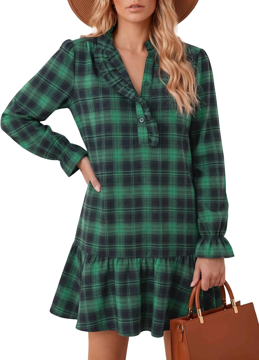 Dokotoo Fall Dresses for Women Long Sleeve Ruffled Button Down Plaid Dress | boho chic tiered mini, cute dresses for women, loose fit with pockets, 2026 fall fashion outfits, cozy casual daily outfits