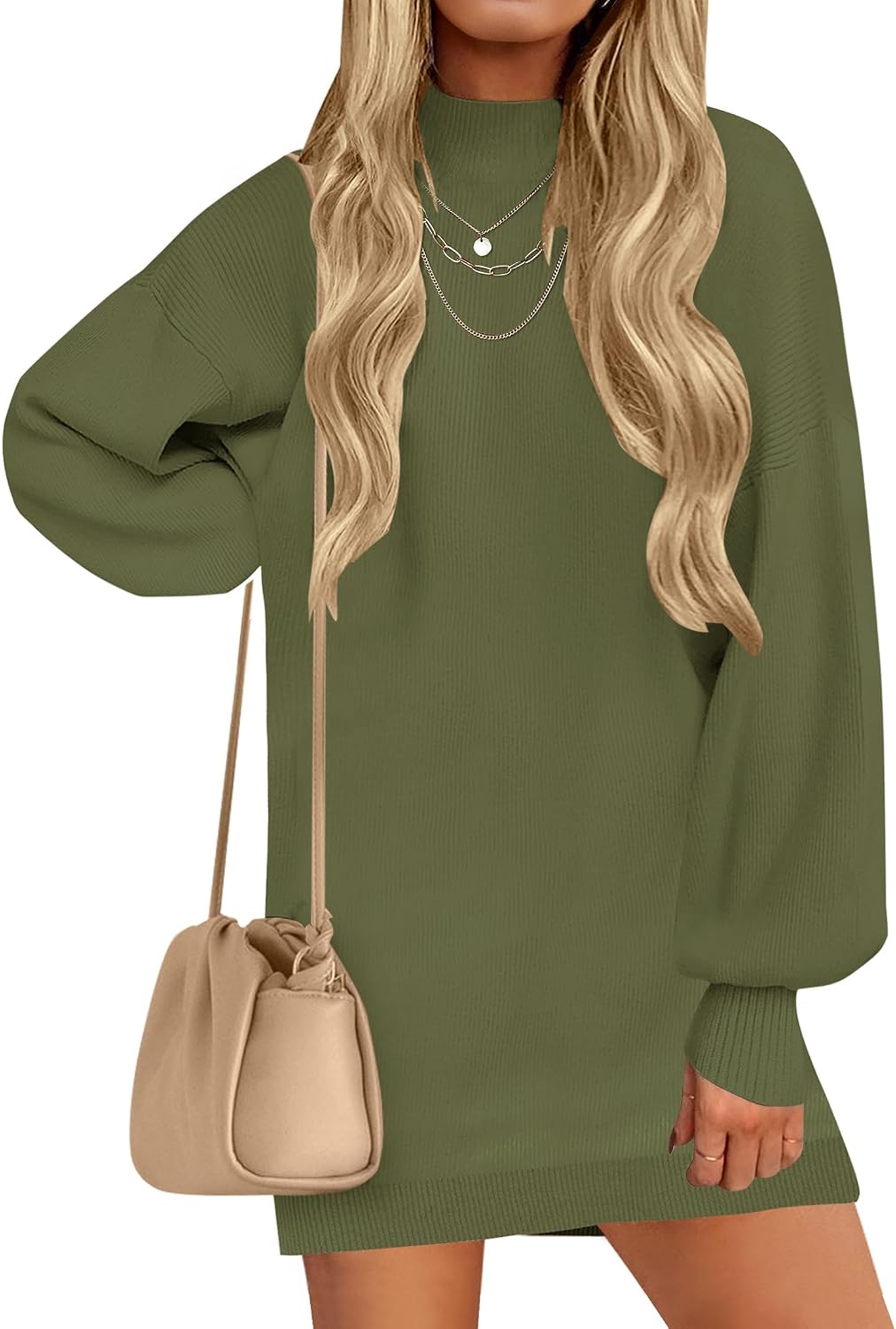 ZESICA Women's 2026 Fall Mock Neck Mini Sweater Dress Pullover Knit Dresses | Long Lantern Sleeve, Oversized, Soft, Cozy, Ribbed Knit, Elegant, 2026 Fall Fashion, Winter Dresses, Dressy Casual Clothes