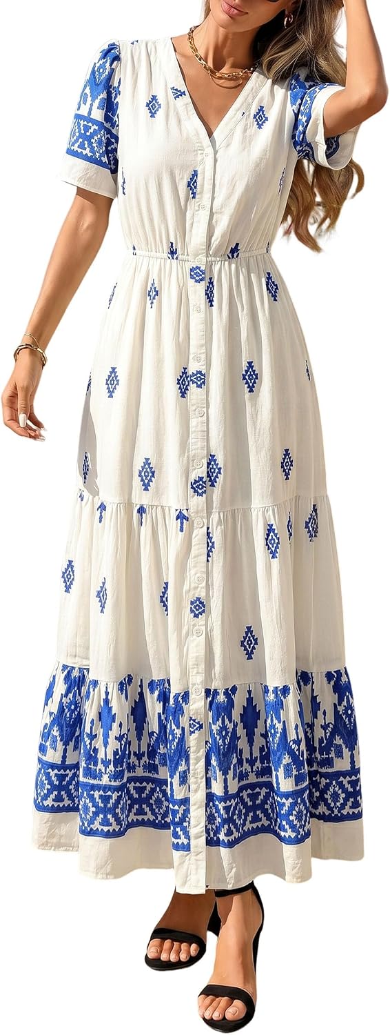 PRETTYGARDEN Womens Short Sleeve Boho Maxi Dress | Floral Tiered Flowy Fit, Fashion Button Front, V Neck Long Dresses With Pockets, Casual Beach Vacation Outfits, Summer Wear