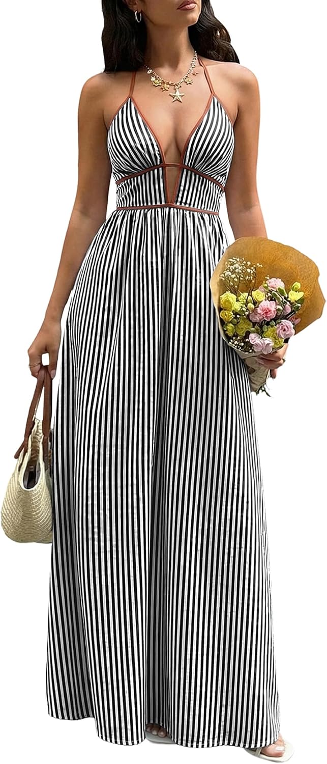 Women's Summer Sleeveless Striped Smocked Flowy Swing Maxi Halter V Neck A Line Casual Long Beach Vacation Dresses