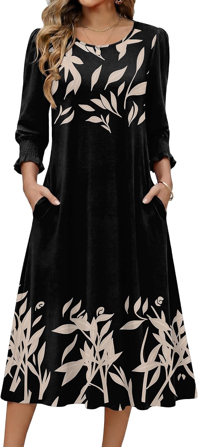 Zeagoo Summer Dresses for Women 2026 3\/4 Sleeve Dress for Women Floral Midi Dresses for Casual Womens Dresses with Pockets