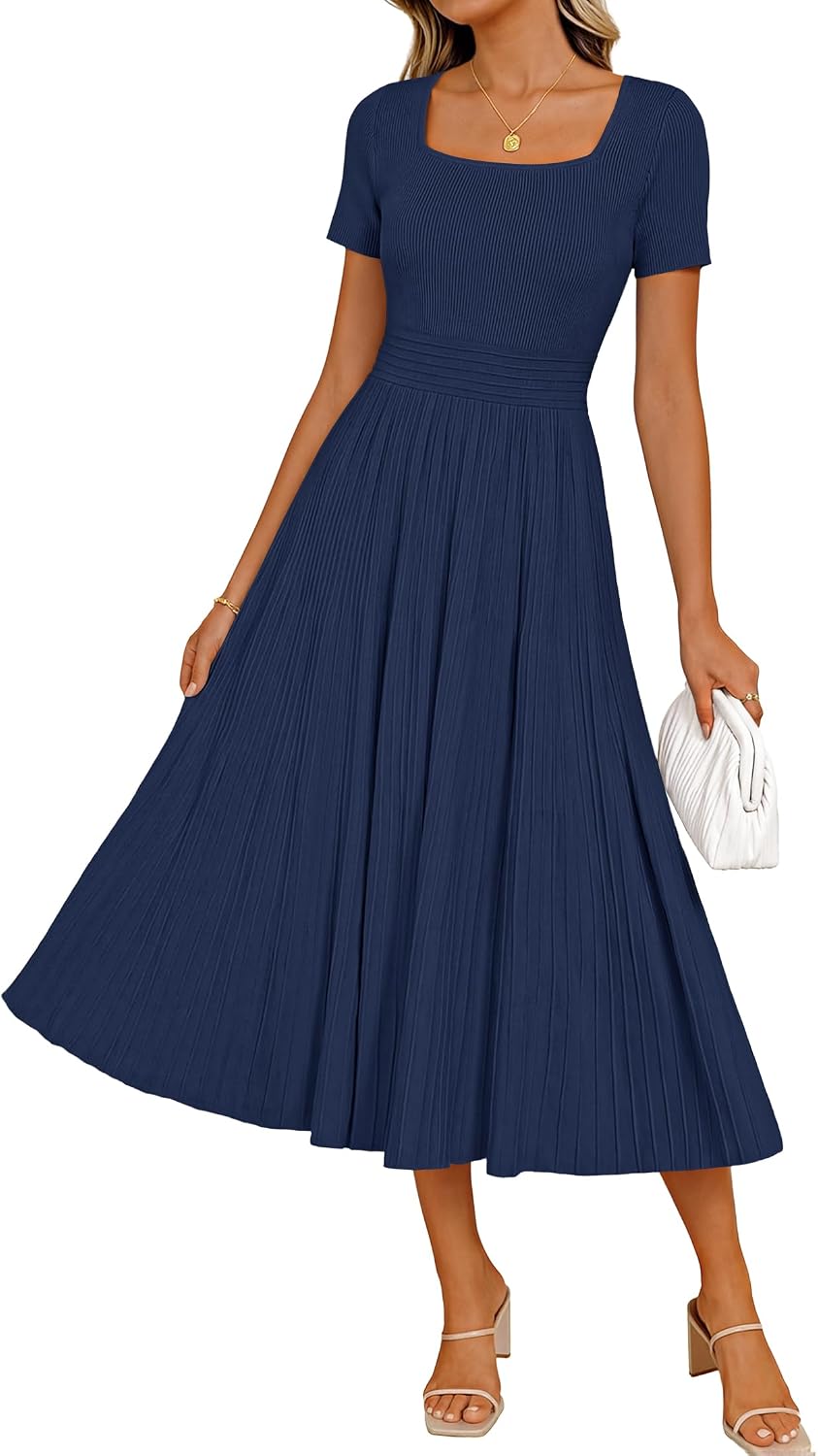 ZESICA Womens Elegant Pleated Wedding Guest Midi Sweater Dress | Square Neck, Short Sleeve, A-Line, Business Casual Outfits, For Summer, Early Fall, Winter Layering