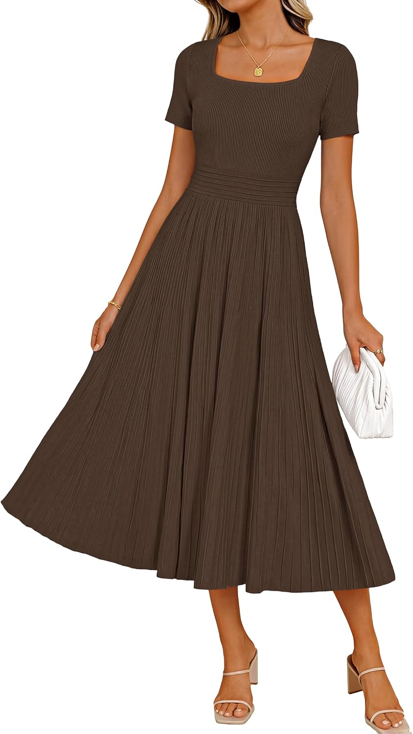 ZESICA Womens Elegant Pleated Wedding Guest Midi Sweater Dress | Square Neck, Short Sleeve, A-Line, Business Casual Outfits, For Summer, Early Fall, Winter Layering