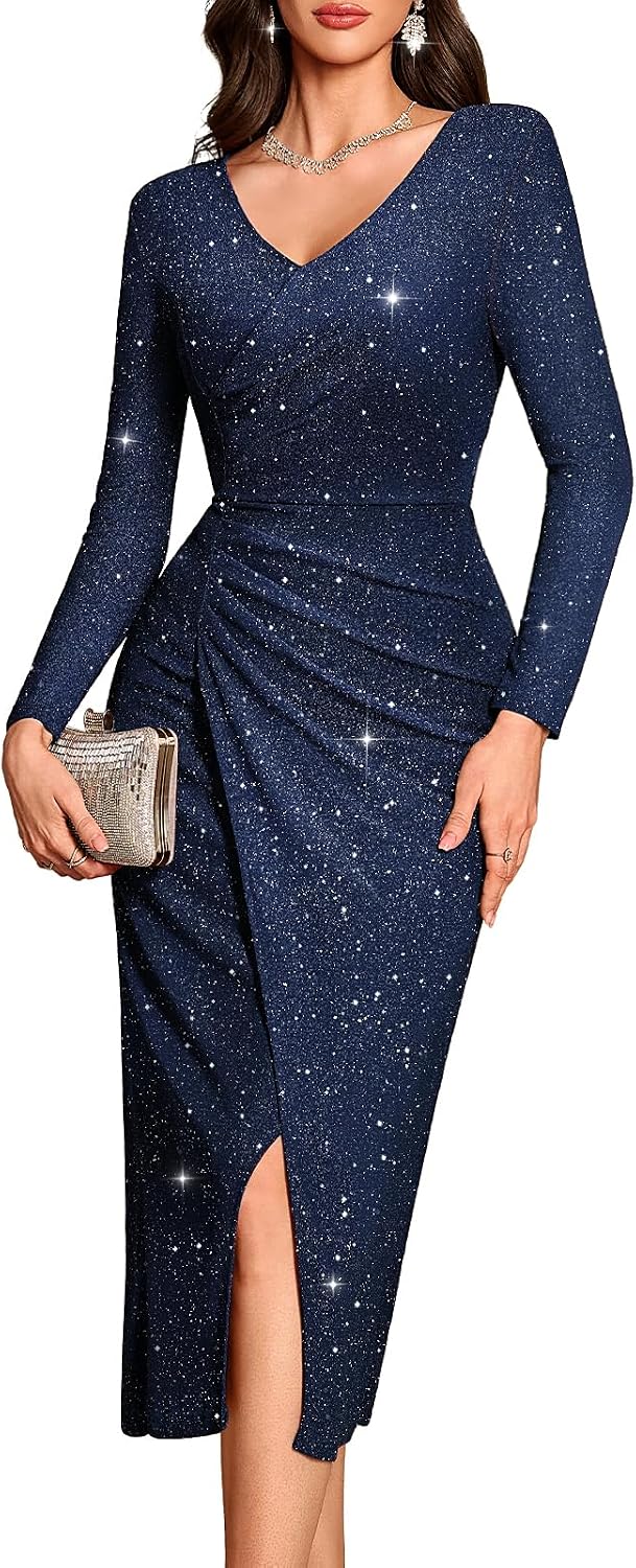 Bbonlinedress Women Formal Sequin Long Cocktail Prom Evening Party Dress | Maxi, Split, Glitter Sparkly, Bodycon, Long Sleeve Dress for Wedding Guest Homecoming Gala