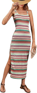 PRETTYGARDEN Tank Dress for Women 2026 Summer Casual Striped Maxi Sundress | Square Neck, Slim Fitted, Sleeveless, Side Slit Maxi Dress, Date Night, Party, Beach Vacation, Boho Dress