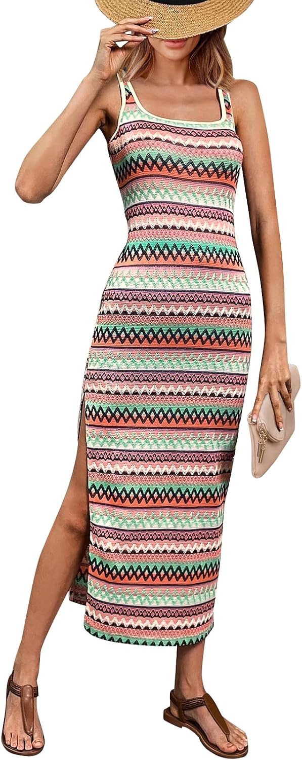 PRETTYGARDEN Tank Dress for Women 2026 Summer Casual Striped Maxi Sundress | Square Neck, Slim Fitted, Sleeveless, Side Slit Maxi Dress, Date Night, Party, Beach Vacation, Boho Dress