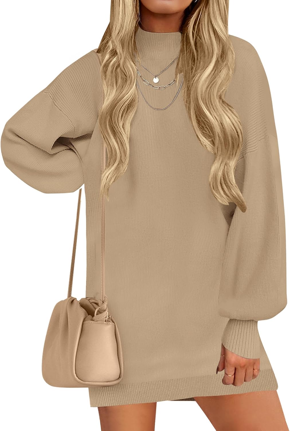 ZESICA Women's 2026 Fall Mock Neck Mini Sweater Dress Pullover Knit Dresses | Long Lantern Sleeve, Oversized, Soft, Cozy, Ribbed Knit, Elegant, 2026 Fall Fashion, Winter Dresses, Dressy Casual Clothes
