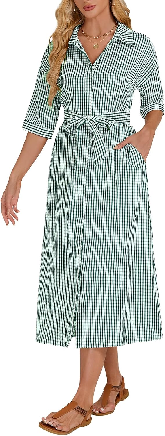 Women's 2026 Summer Gingham Maxi Dress Half Sleeve Casual Plaid Button Down Long Belted Shirt Dress
