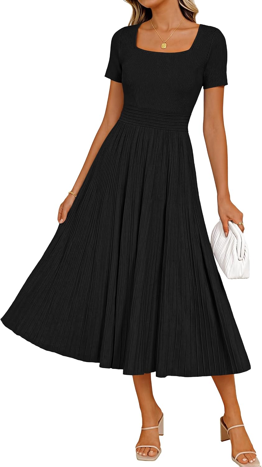 ZESICA Womens Elegant Pleated Wedding Guest Midi Sweater Dress | Square Neck, Short Sleeve, A-Line, Business Casual Outfits, For Summer, Early Fall, Winter Layering
