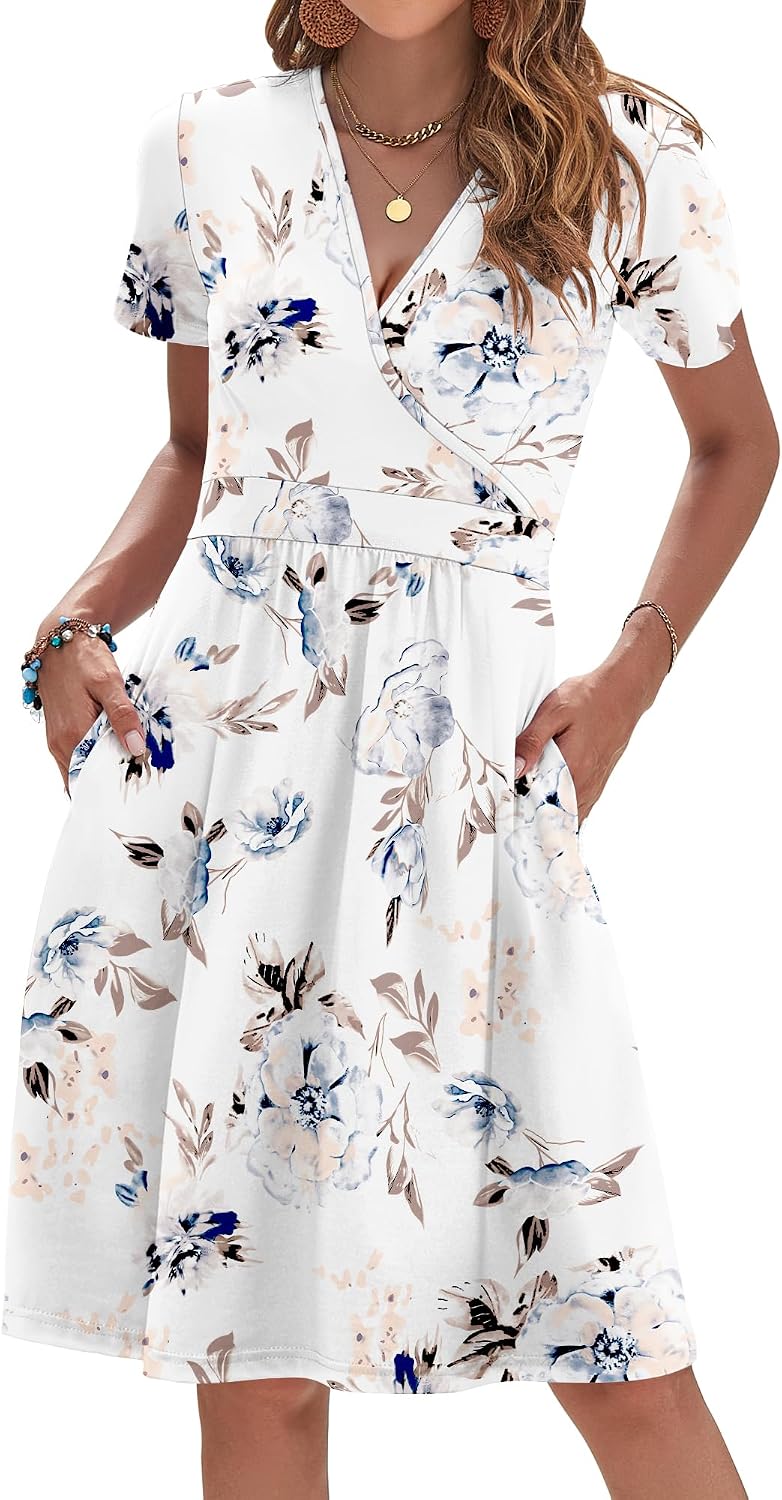 AUSELILY Womens Summer Dresses 2026 Short Sleeve V Neck Faux Wrap Dress | Surplice front, Pockets set into the skirt, Vacation dress for sightseeing, Style low heels with simple jewelry
