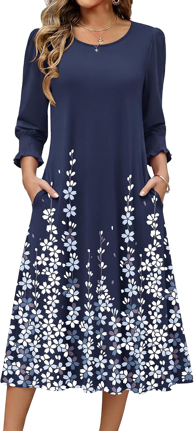 Zeagoo Summer Dresses for Women 2026 3\/4 Sleeve Dress for Women Floral Midi Dresses for Casual Womens Dresses with Pockets