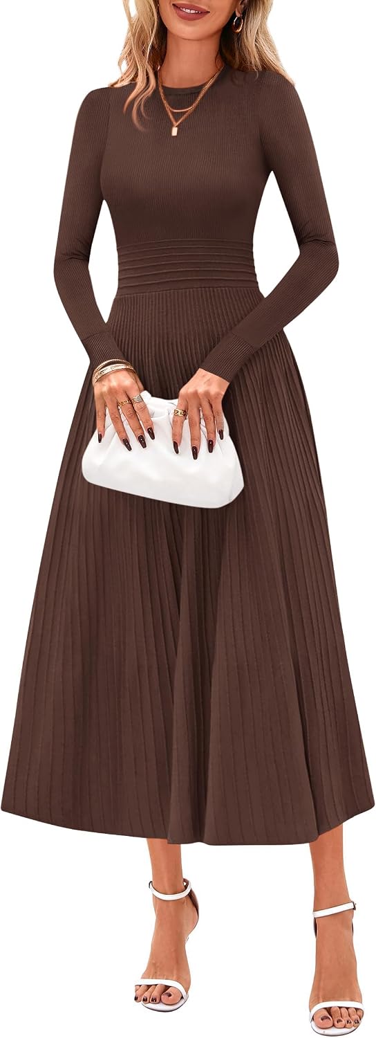 PRETTYGARDEN Women's Long Sleeve Knit Maxi Sweater Dress | Soft Pleated, Slim Fit A Line, Elegant Fall Wedding Guest Cocktail Holiday Parties Church Long Dresses, 2026 Winter Clothes
