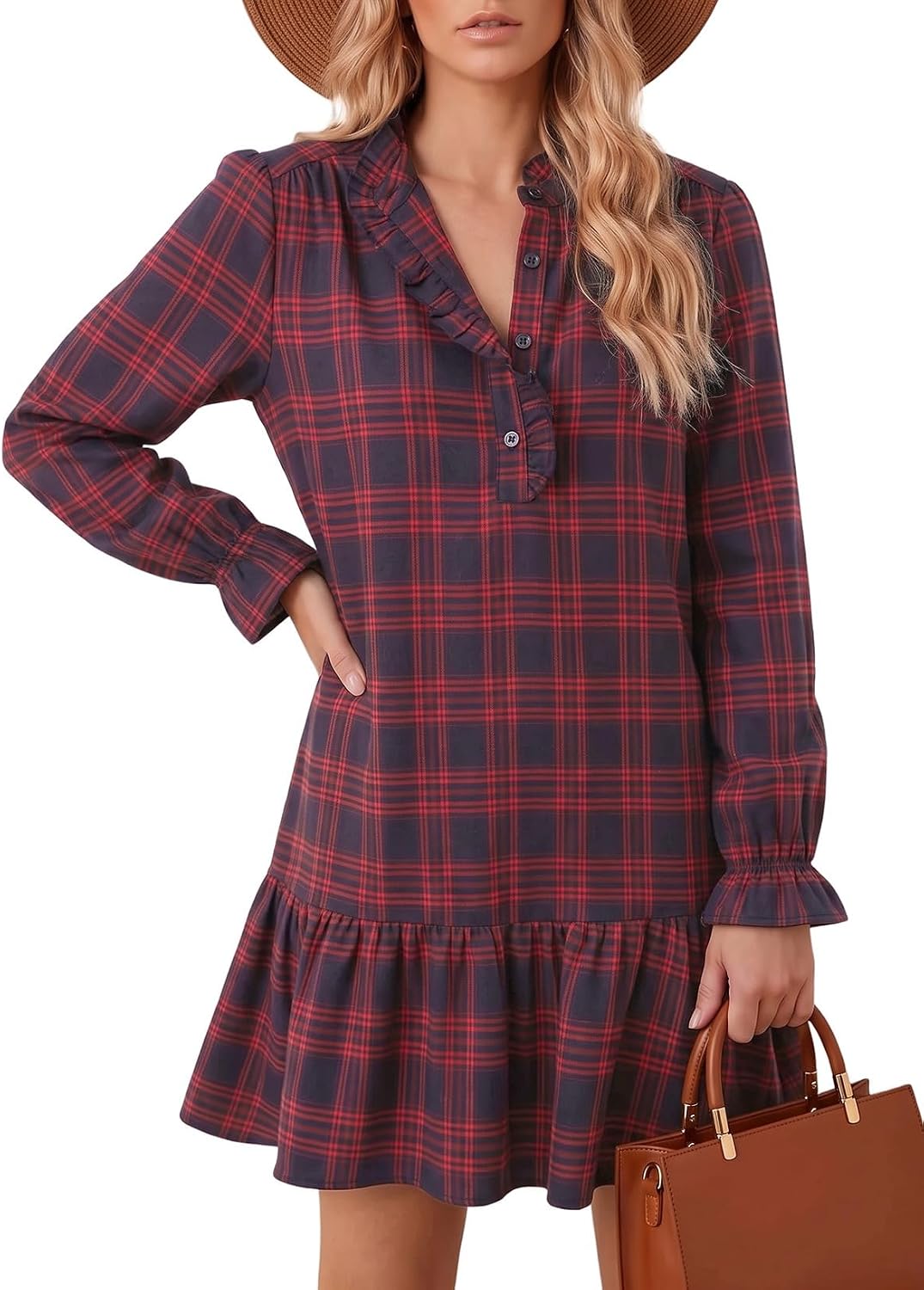 Dokotoo Fall Dresses for Women Long Sleeve Ruffled Button Down Plaid Dress | boho chic tiered mini, cute dresses for women, loose fit with pockets, 2026 fall fashion outfits, cozy casual daily outfits