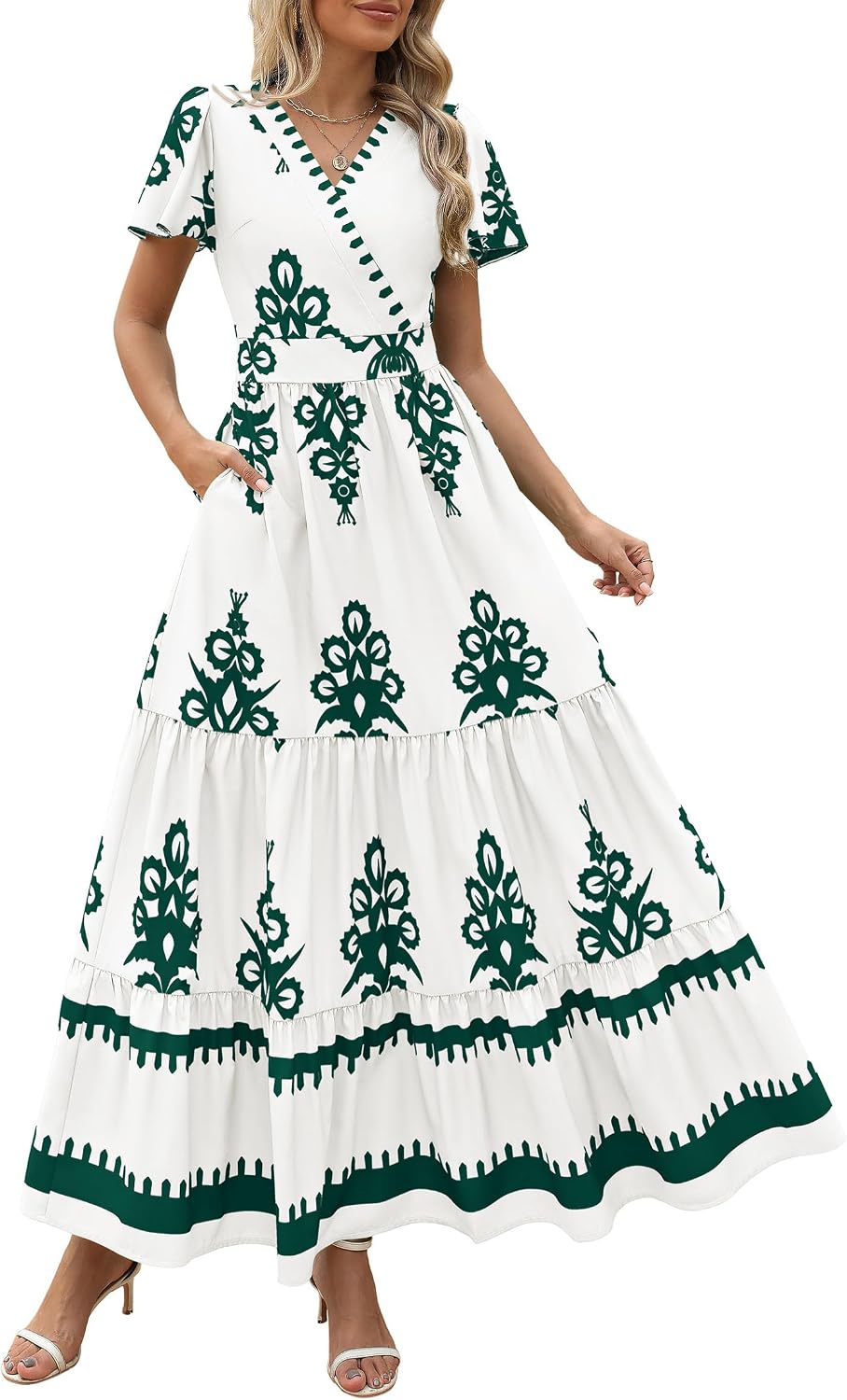 PRETTYGARDEN Womens Floral Boho Maxi Dress | Flutter Short Sleeve,Vneck Wrap,Tiered Ruffle,A Line Flowy Dresses,with Pockets,Summer Wedding Guest Beach Vacation Clothes