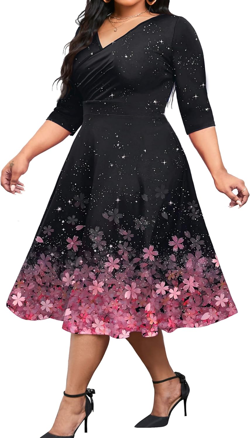 CLOCOR Plus Size Midi Dresses for Women A-Line V Neck Wrap Casual Dress | Curvy fit, shirred bodice, 3\/4 sleeve, hidden pockets, stretch empire waist, elegant style for cocktail party