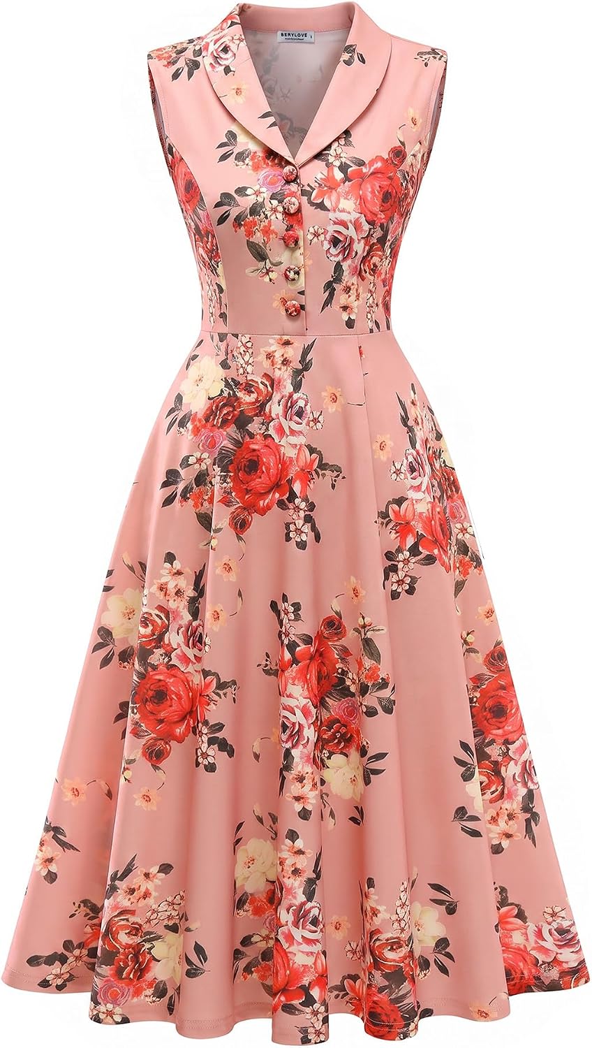 BeryLove Vintage 1950s Midi Cocktail Dresses for Women Wedding Guest Classy | Sleeveless Button Down Dress with Pockets, Notch Lapel, A-Line, Retro 1940s Style, Business Casual Wear, Tea Party, Prom