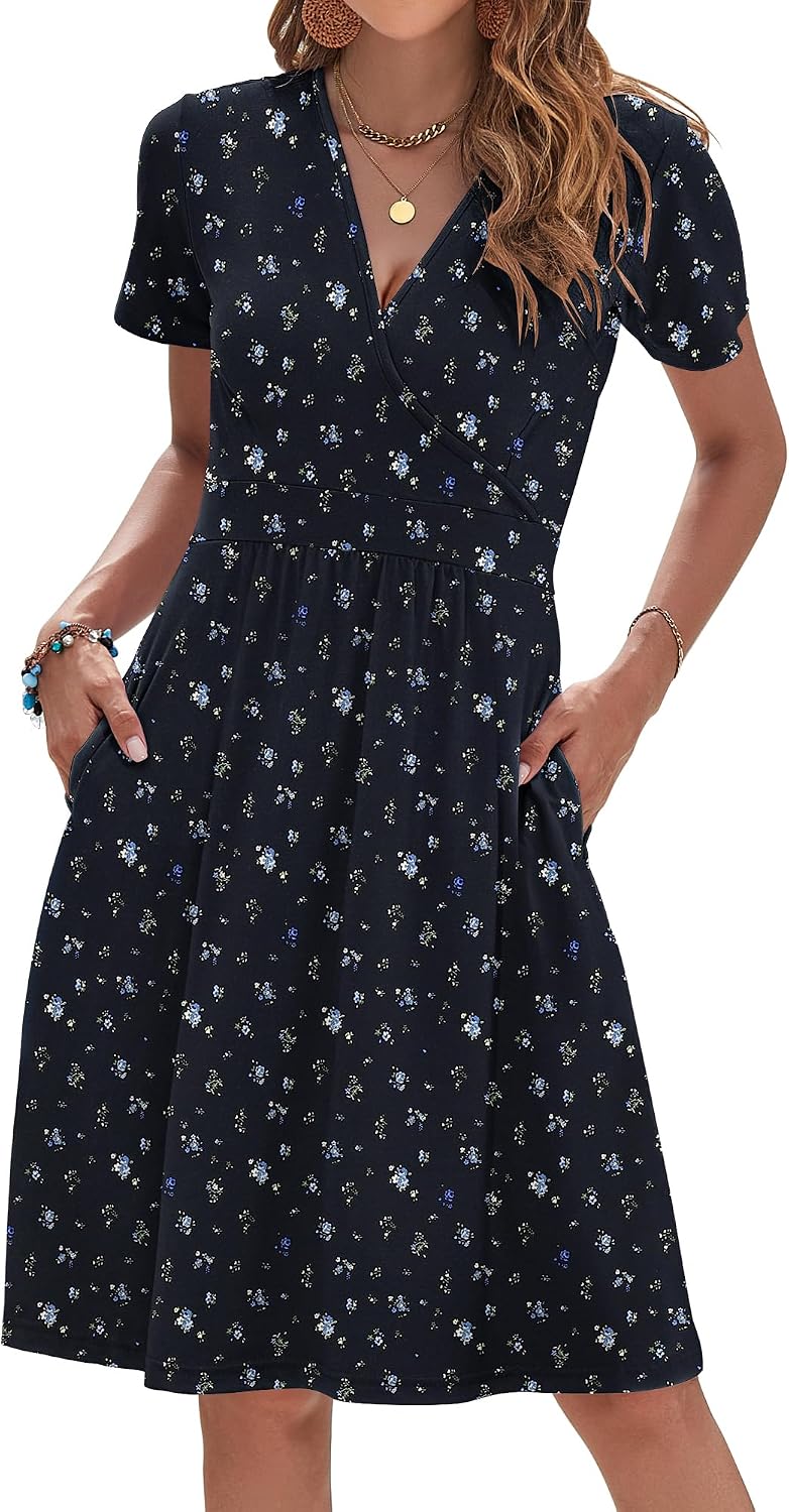AUSELILY Womens Summer Dresses 2026 Short Sleeve V Neck Faux Wrap Dress | Surplice front, Pockets set into the skirt, Vacation dress for sightseeing, Style low heels with simple jewelry