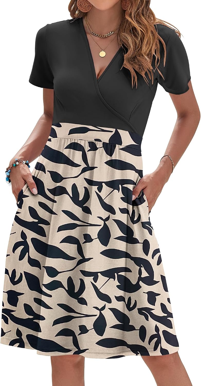 AUSELILY Womens Summer Dresses 2026 Short Sleeve V Neck Faux Wrap Dress | Surplice front, Pockets set into the skirt, Vacation dress for sightseeing, Style low heels with simple jewelry