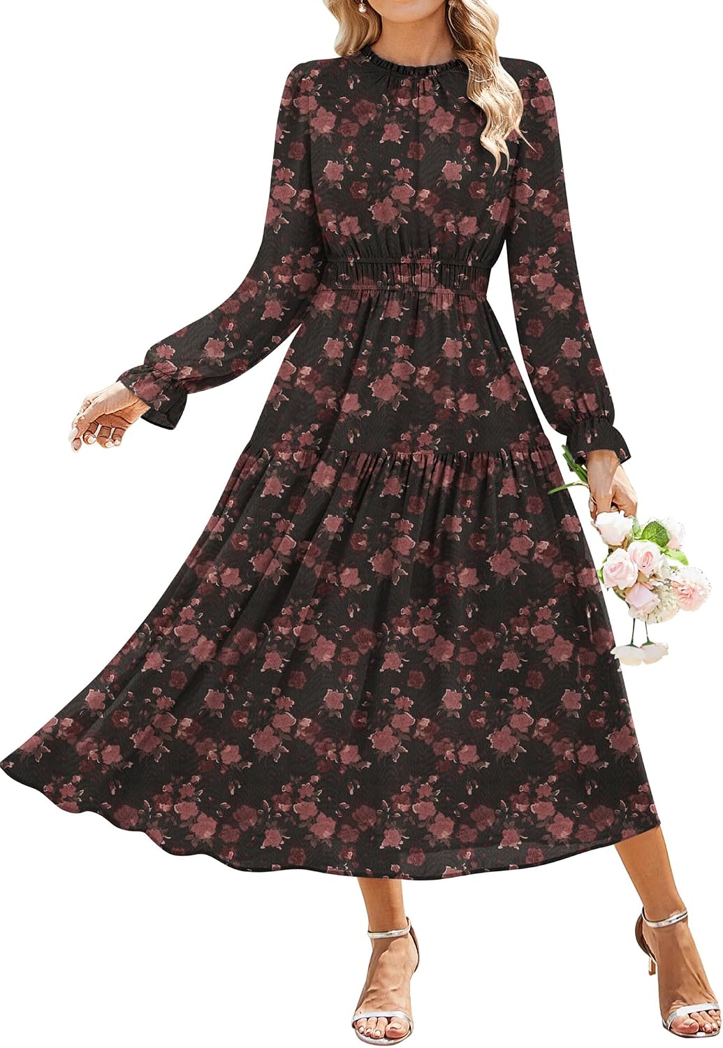 GRACE KARIN Women's Floral Long Sleeve Fall Wedding Guest Maxi Dress | 2026 Chiffon,Side Pockets,Mock Neck,Smocked Tieded,A Line Flowy Outfits Suitable for Semi Formal\/Party\/Cocktail\/Boho