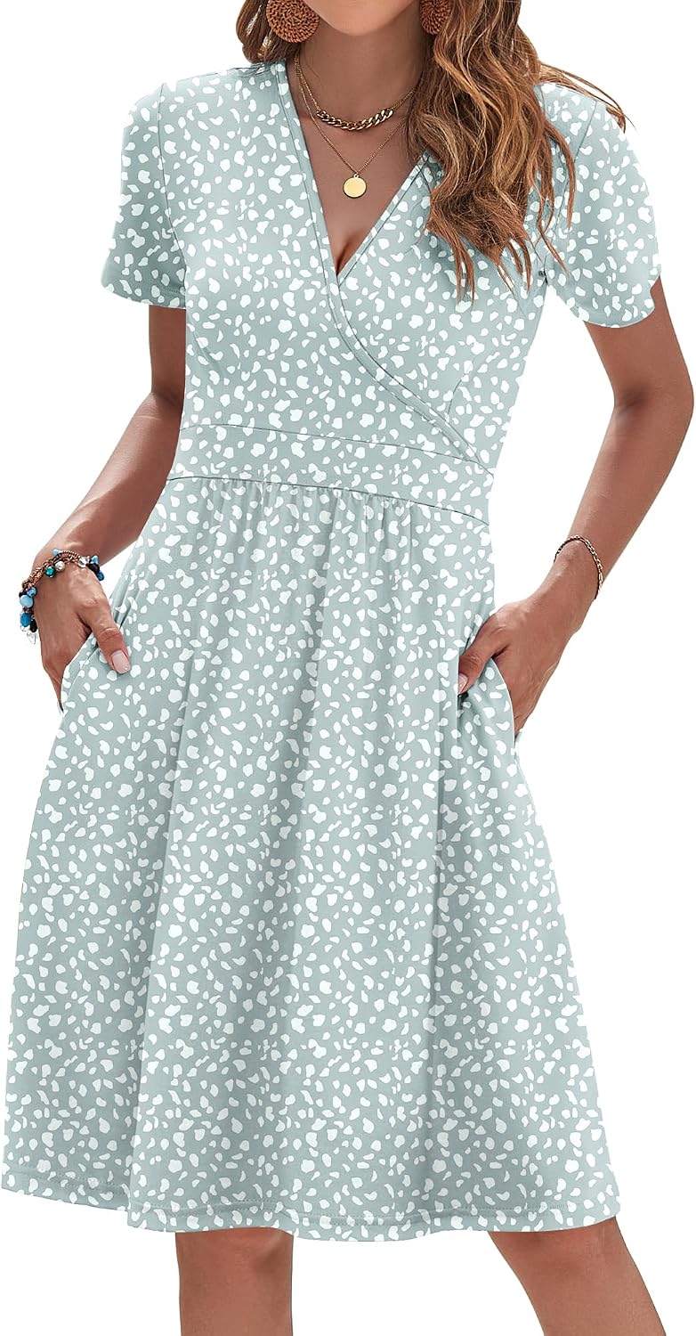 AUSELILY Womens Summer Dresses 2026 Short Sleeve V Neck Faux Wrap Dress | Surplice front, Pockets set into the skirt, Vacation dress for sightseeing, Style low heels with simple jewelry