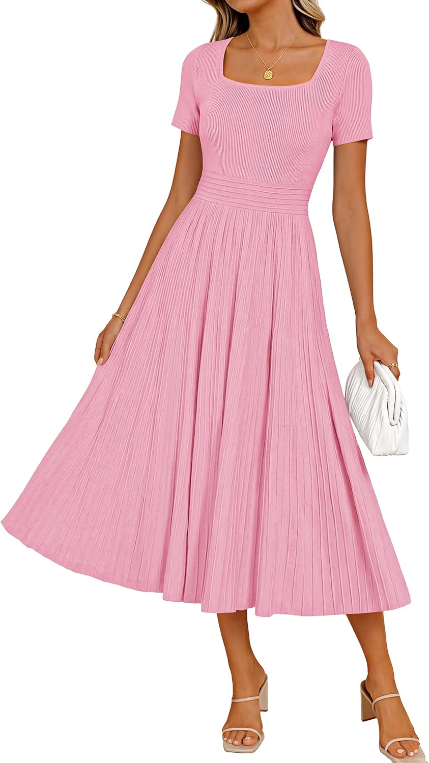 ZESICA Womens Elegant Pleated Wedding Guest Midi Sweater Dress | Square Neck, Short Sleeve, A-Line, Business Casual Outfits, For Summer, Early Fall, Winter Layering