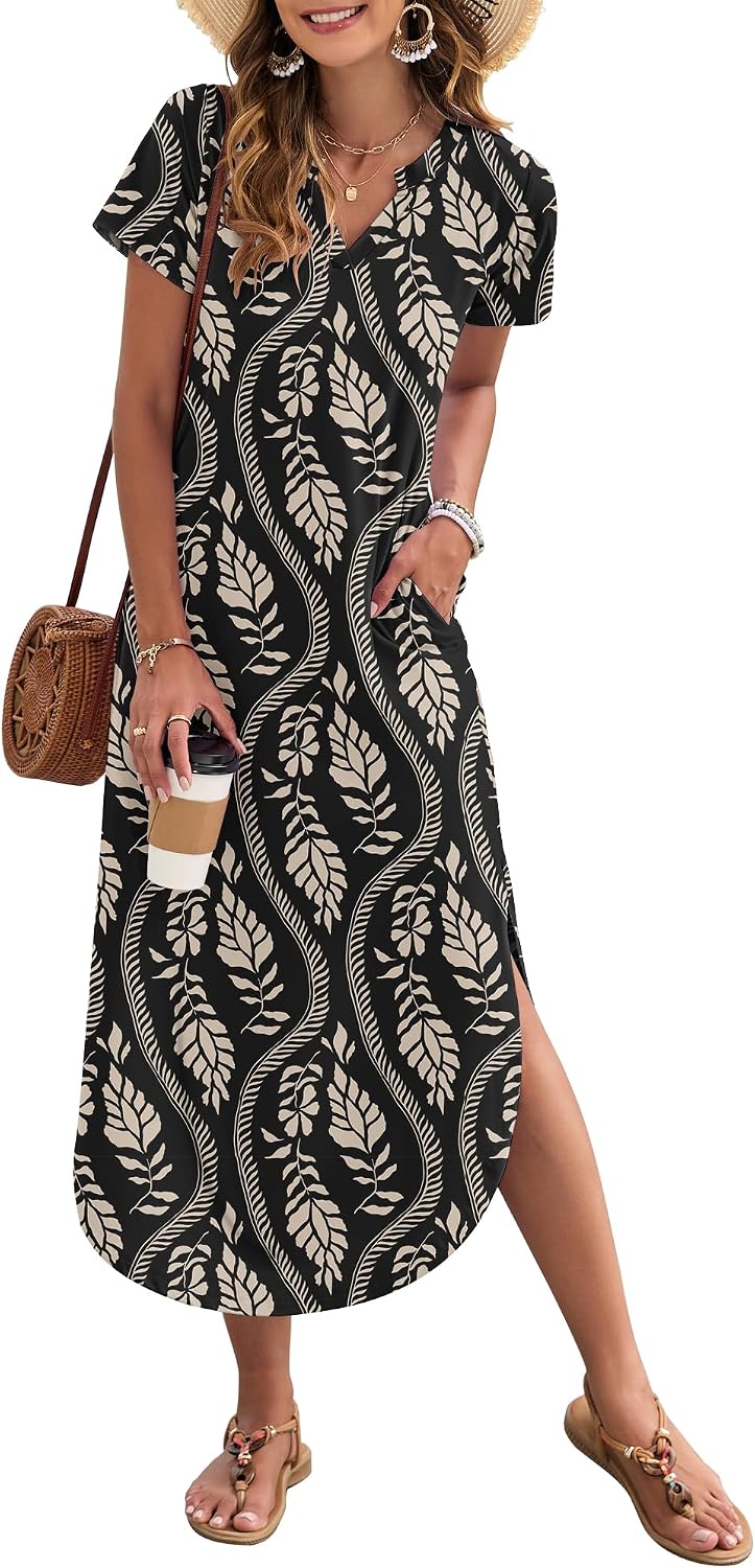 MISFAY Women's Short Sleeves Summer Maxi Dresses with Pocket | Notched V-neck, Side Splits, Two Pockets, Swing Sundress Hem, Loose Shirt Dress Fit, Ankle Length, Beach Vacation Outfits
