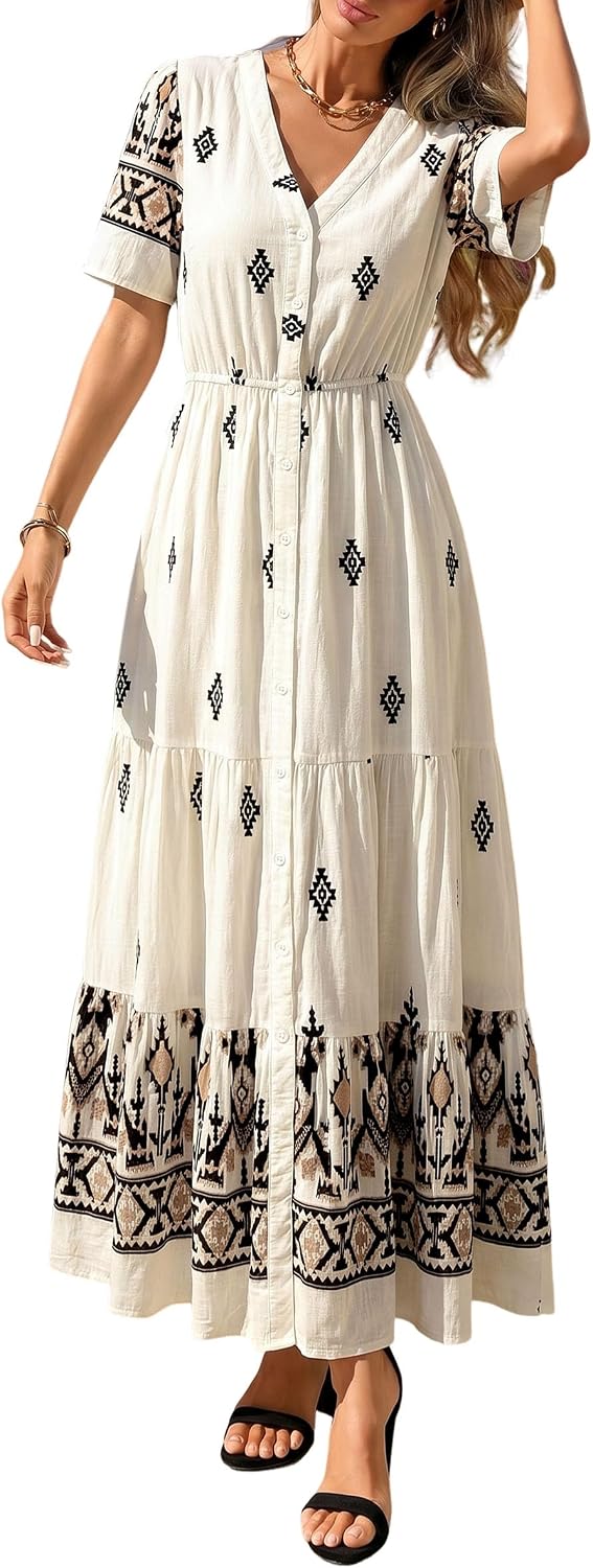 PRETTYGARDEN Womens Short Sleeve Boho Maxi Dress | Floral Tiered Flowy Fit, Fashion Button Front, V Neck Long Dresses With Pockets, Casual Beach Vacation Outfits, Summer Wear