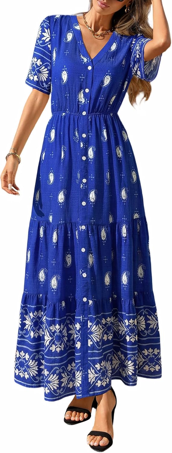 PRETTYGARDEN Womens Short Sleeve Boho Maxi Dress | Floral Tiered Flowy Fit, Fashion Button Front, V Neck Long Dresses With Pockets, Casual Beach Vacation Outfits, Summer Wear