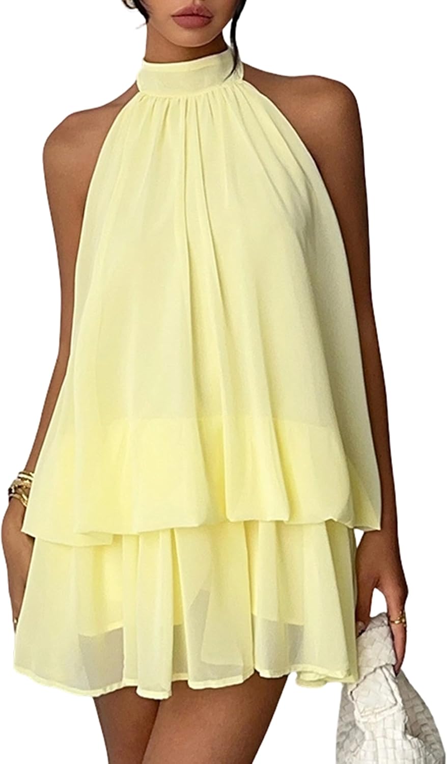 Chiffon Dresses for Women Sexy Halter Backless Drop Waist Mini Dress | Ruffle Open Back Wedding Guest Dresses Bubble Night Out Cocktail Dress Beach Vacation Birthday Party