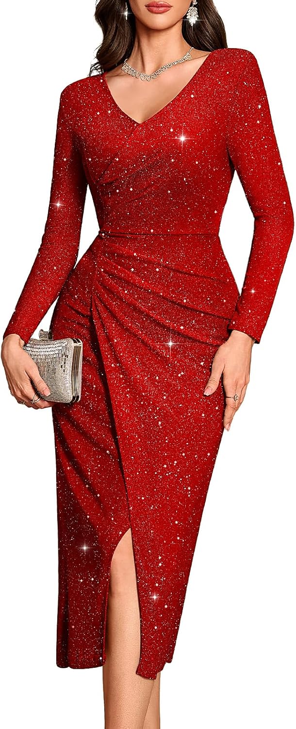 Bbonlinedress Women Formal Sequin Long Cocktail Prom Evening Party Dress | Maxi, Split, Glitter Sparkly, Bodycon, Long Sleeve Dress for Wedding Guest Homecoming Gala