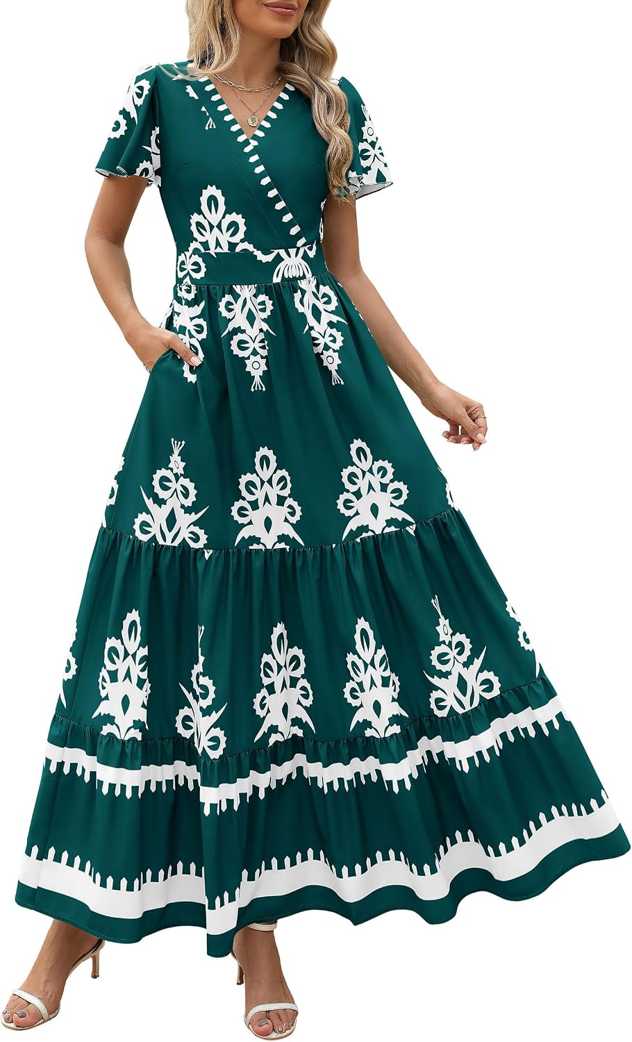 PRETTYGARDEN Womens Floral Boho Maxi Dress | Flutter Short Sleeve,Vneck Wrap,Tiered Ruffle,A Line Flowy Dresses,with Pockets,Summer Wedding Guest Beach Vacation Clothes