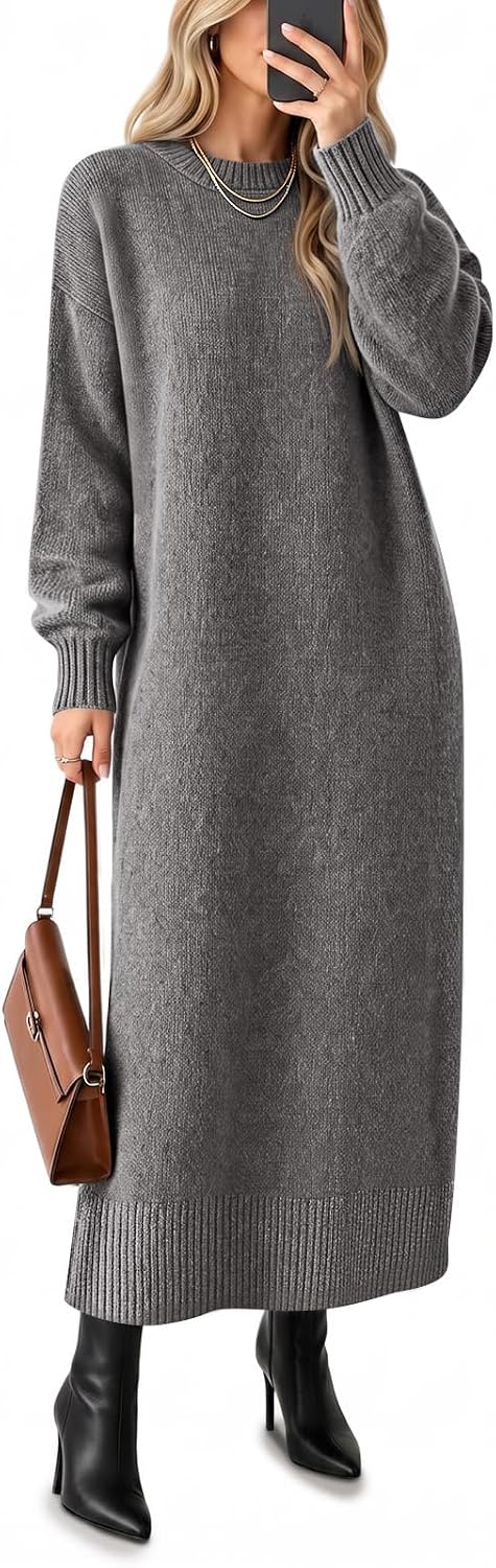 Saodimallsu Womens Long Sleeve Maxi Sweater Dress Crew Neck Knit Dresses | Ankle Length, Casual, Soft Knit, Pullover, Relaxed Fit, Warm Fall Winter Outfits