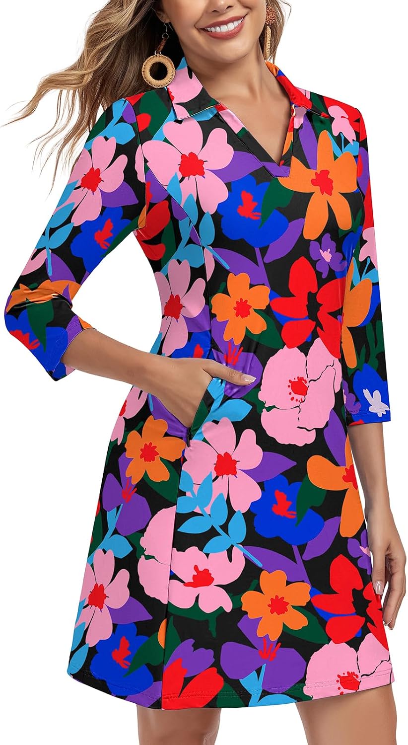 Soneven Women's 3\/4 Sleeve Dress with Pockets UPF 50+ Sun Dress Breathable Quick Dry Beach Cover Ups