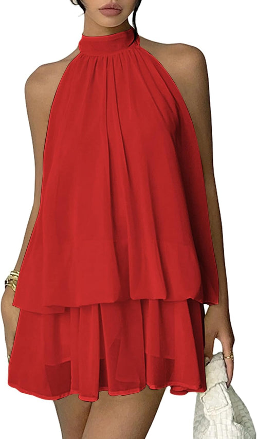 Chiffon Dresses for Women Sexy Halter Backless Drop Waist Mini Dress | Ruffle Open Back Wedding Guest Dresses Bubble Night Out Cocktail Dress Beach Vacation Birthday Party