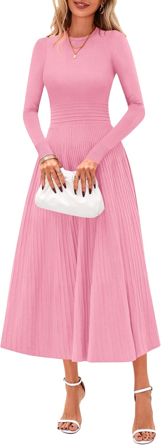 PRETTYGARDEN Women's Long Sleeve Knit Maxi Sweater Dress | Soft Pleated, Slim Fit A Line, Elegant Fall Wedding Guest Cocktail Holiday Parties Church Long Dresses, 2026 Winter Clothes