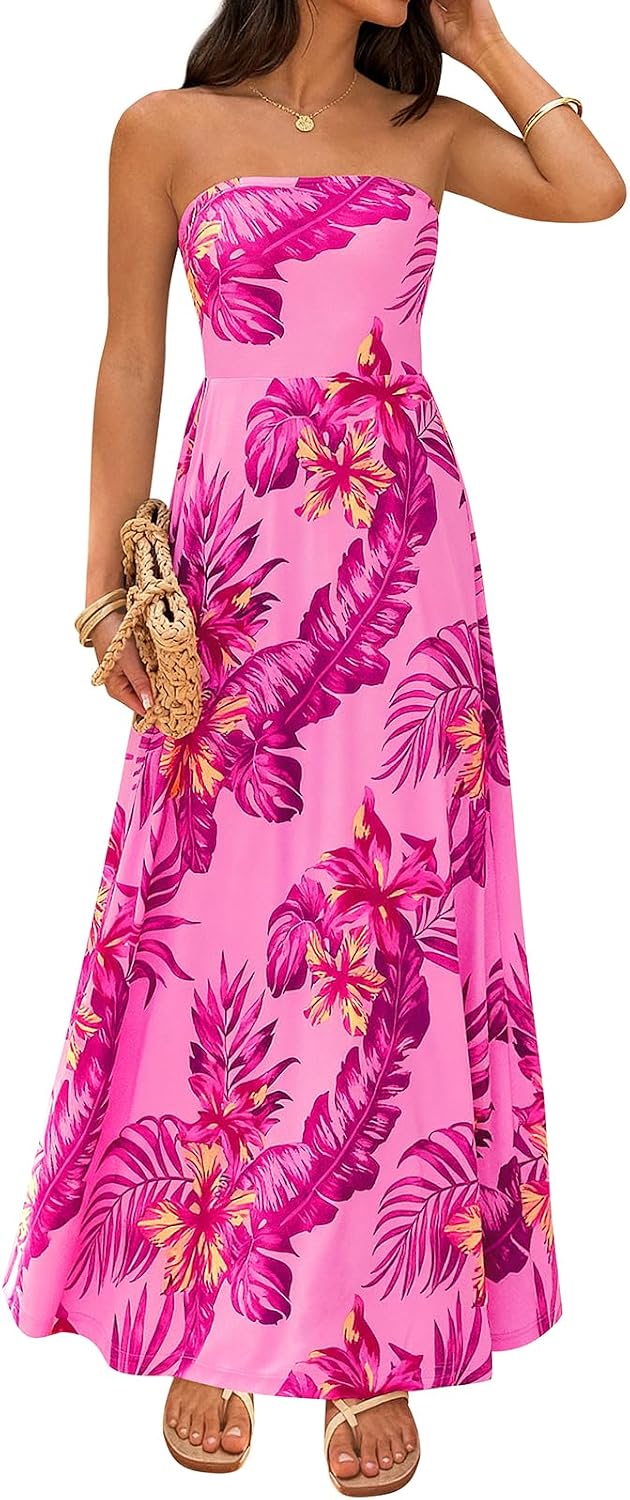 PRETTYGARDEN Sleeveless Floral Summer Maxi Dresses for Women 2026 Tube Top Flowy Long Dress Tropical Beach Vacation Clothes
