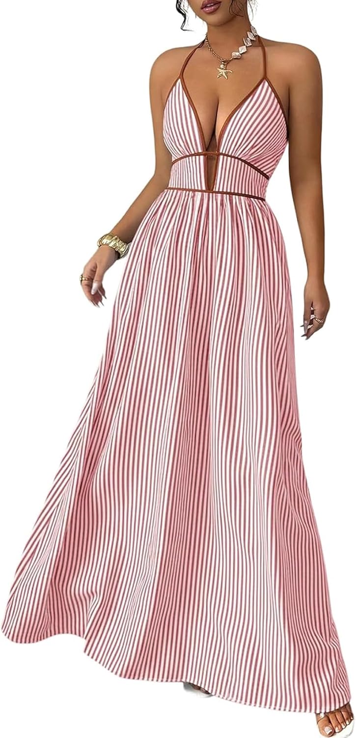 Women's Summer Sleeveless Striped Smocked Flowy Swing Maxi Halter V Neck A Line Casual Long Beach Vacation Dresses