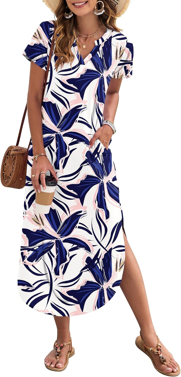 MISFAY Women's Short Sleeves Summer Maxi Dresses with Pocket | Notched V-neck, Side Splits, Two Pockets, Swing Sundress Hem, Loose Shirt Dress Fit, Ankle Length, Beach Vacation Outfits