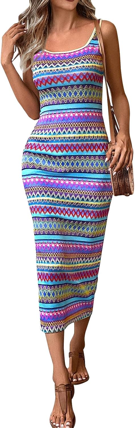 PRETTYGARDEN Tank Dress for Women 2026 Summer Casual Striped Maxi Sundress | Square Neck, Slim Fitted, Sleeveless, Side Slit Maxi Dress, Date Night, Party, Beach Vacation, Boho Dress
