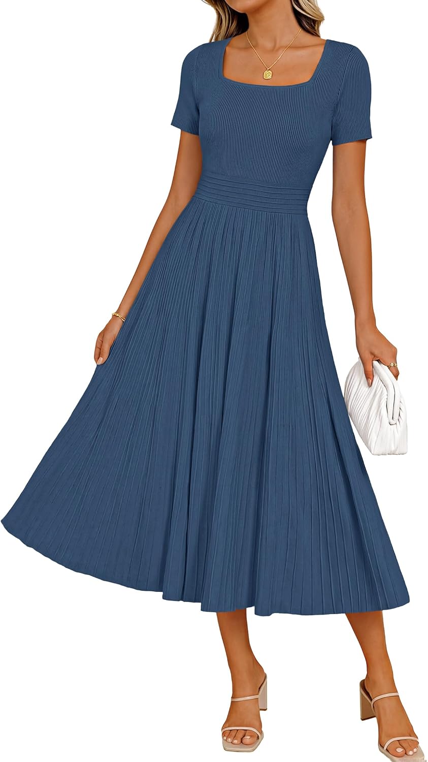 ZESICA Womens Elegant Pleated Wedding Guest Midi Sweater Dress | Square Neck, Short Sleeve, A-Line, Business Casual Outfits, For Summer, Early Fall, Winter Layering