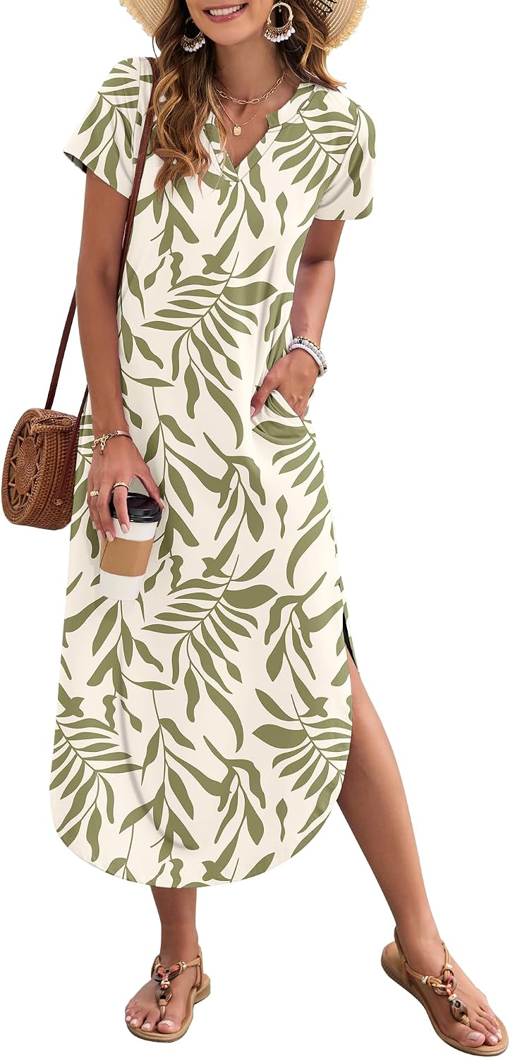MISFAY Women's Short Sleeves Summer Maxi Dresses with Pocket | Notched V-neck, Side Splits, Two Pockets, Swing Sundress Hem, Loose Shirt Dress Fit, Ankle Length, Beach Vacation Outfits