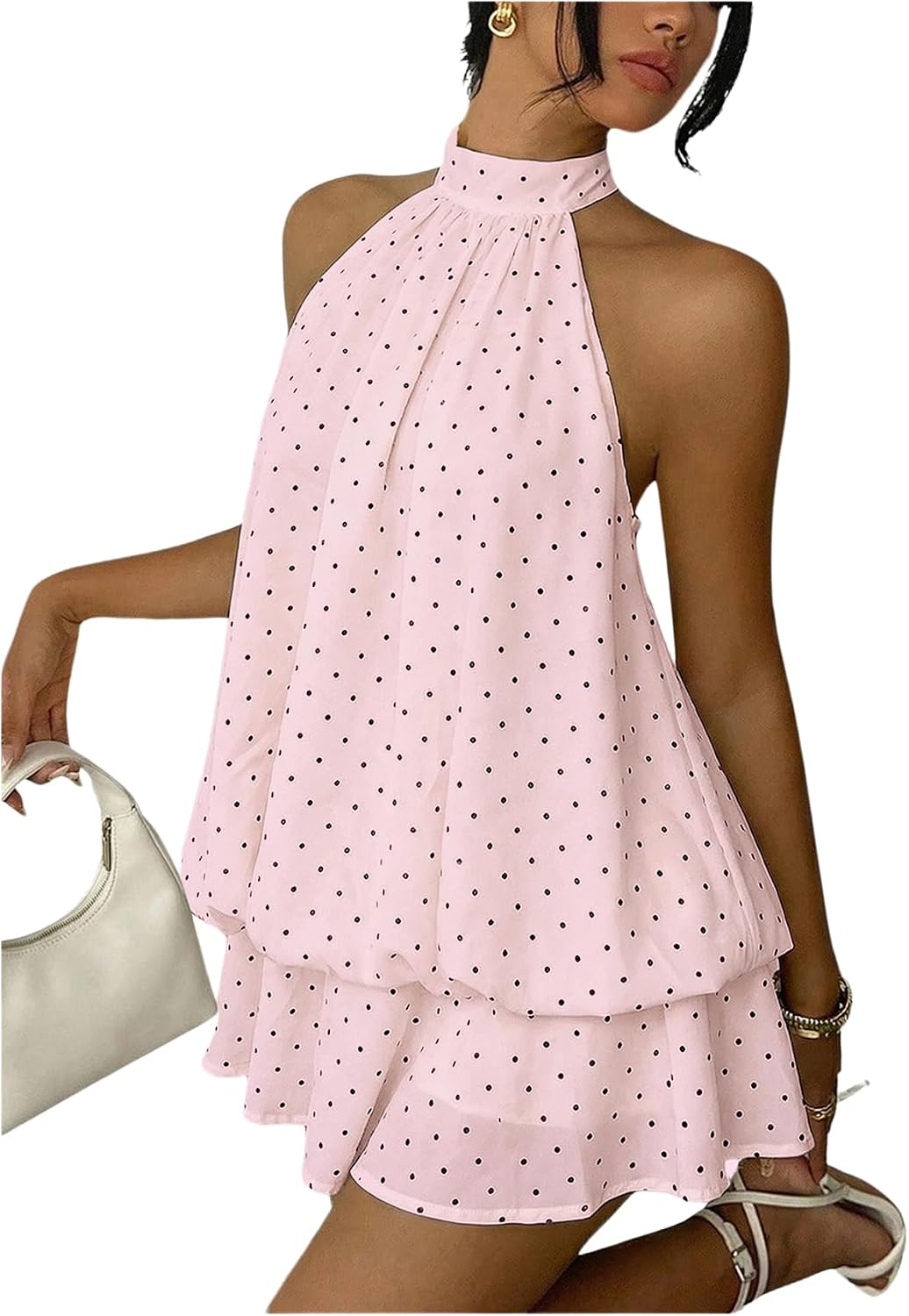 SHENHE Women's Halter Polka Dots Backless Ruffle Hem Mini Party Dress | Flowy Layered Bubble Ruffle Cut, Suitable for Party Holiday and Wedding Occasion Styling