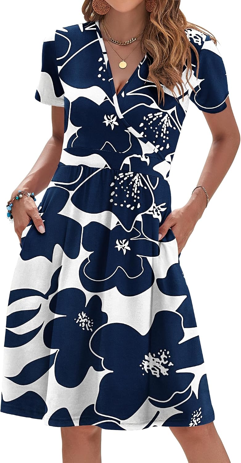 AUSELILY Womens Summer Dresses 2026 Short Sleeve V Neck Faux Wrap Dress | Surplice front, Pockets set into the skirt, Vacation dress for sightseeing, Style low heels with simple jewelry