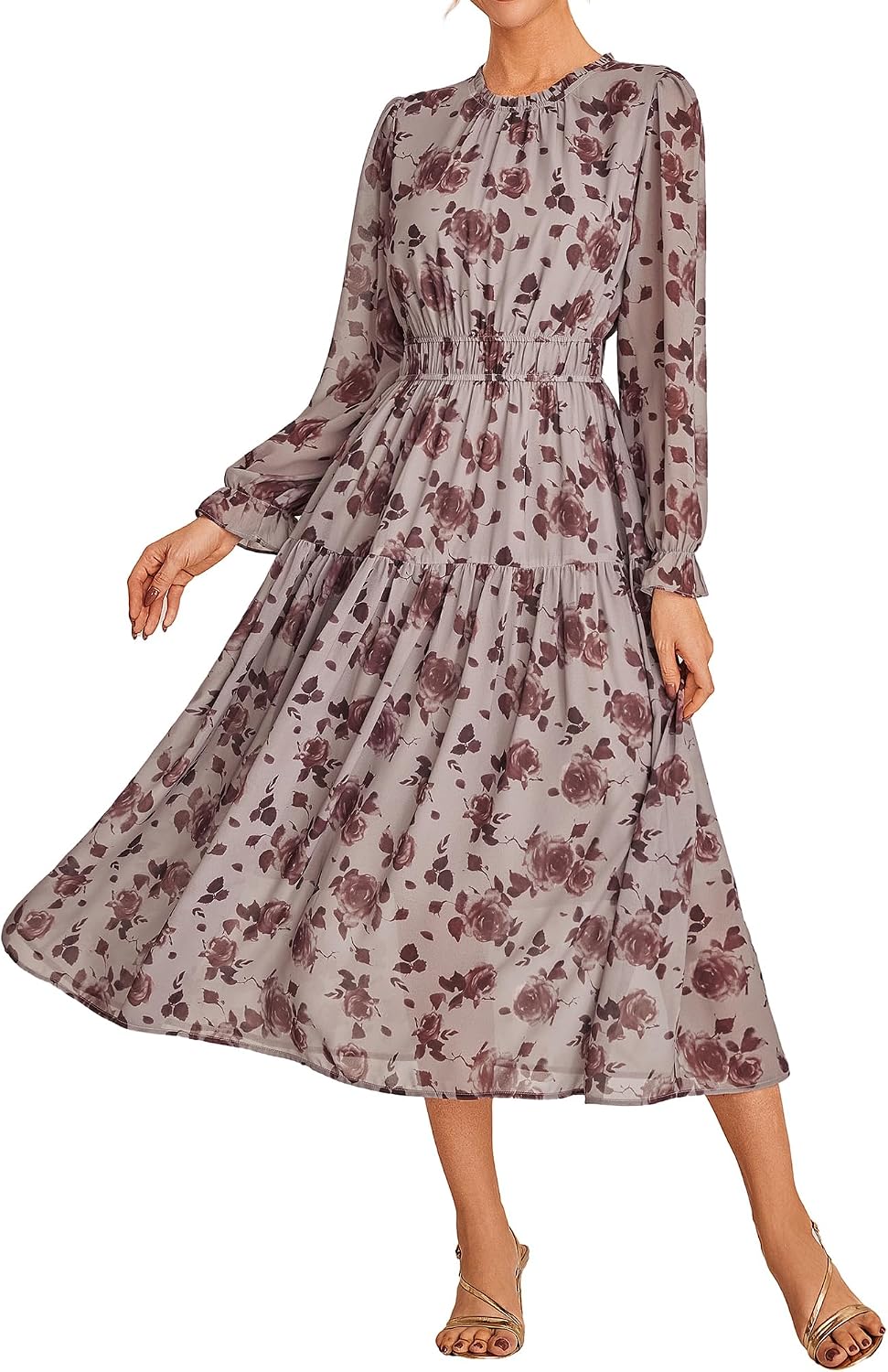 GRACE KARIN Women's Floral Long Sleeve Fall Wedding Guest Maxi Dress | 2026 Chiffon,Side Pockets,Mock Neck,Smocked Tieded,A Line Flowy Outfits Suitable for Semi Formal\/Party\/Cocktail\/Boho
