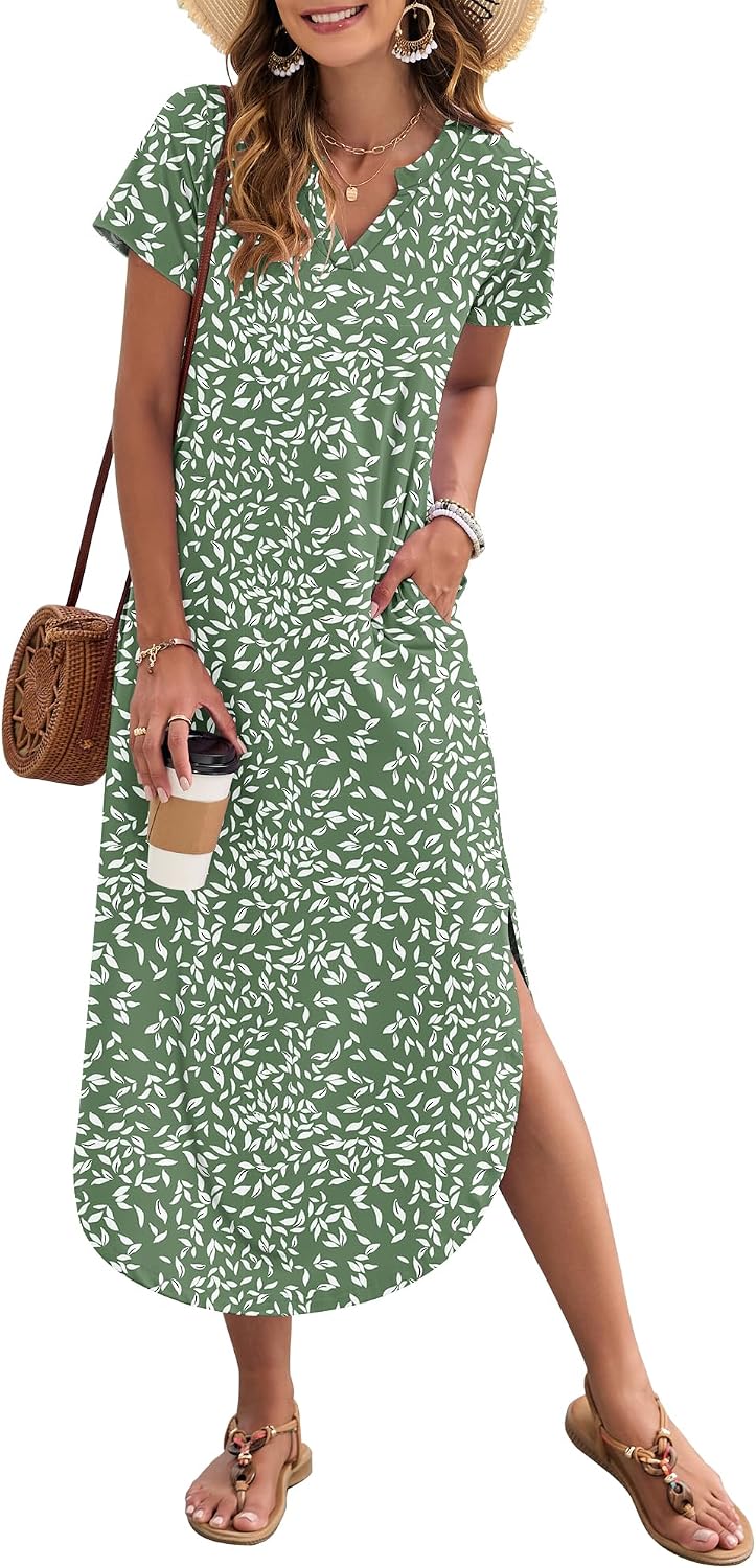 MISFAY Women's Short Sleeves Summer Maxi Dresses with Pocket | Notched V-neck, Side Splits, Two Pockets, Swing Sundress Hem, Loose Shirt Dress Fit, Ankle Length, Beach Vacation Outfits