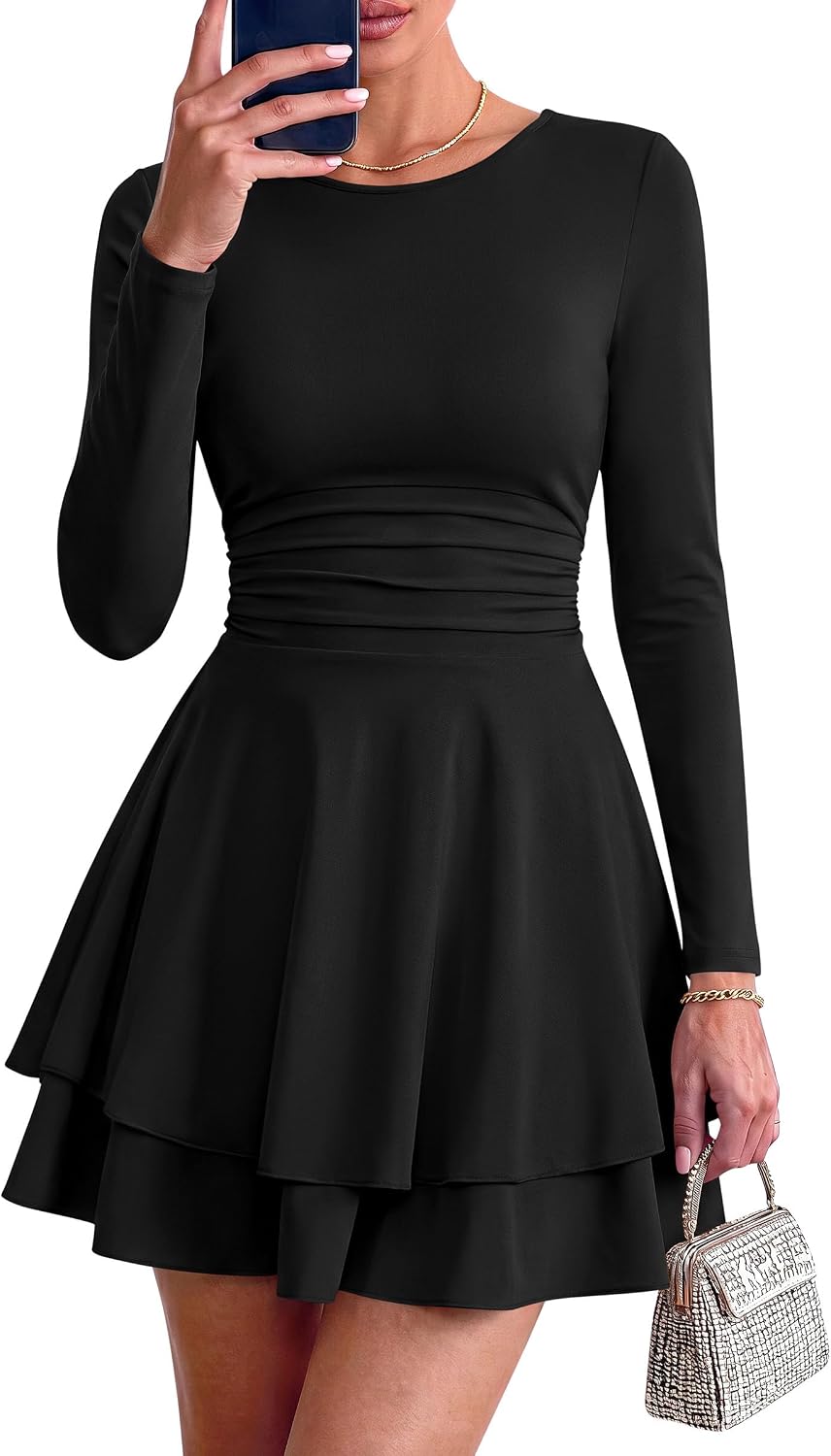 PRETTYGARDEN Womens Fit and Flare Crewneck Long Sleeve Mini Dress | Ruched Waist,Tiered Ruffle Hem,Flowy Short Sundress,Party Cocktail Homecoming Dresses,Date Night Semi Formal Cruise Outfits