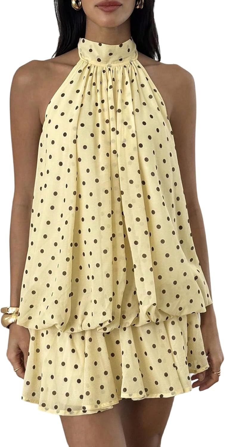 SHENHE Women's Halter Polka Dots Backless Ruffle Hem Mini Party Dress | Flowy Layered Bubble Ruffle Cut, Suitable for Party Holiday and Wedding Occasion Styling